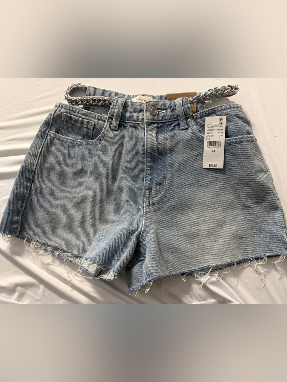 PacSun Light Blue High-Rise Festival denim shorts with cutout chain detail